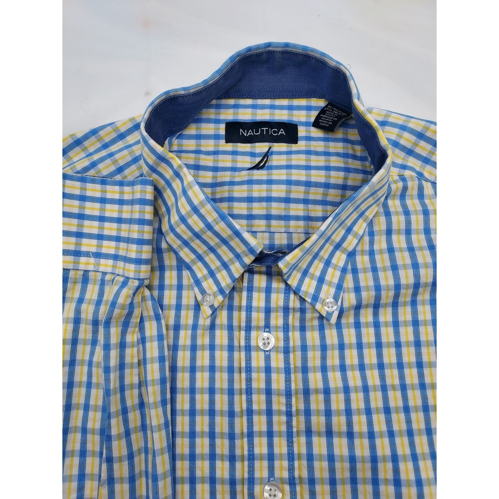 Nautica Mens XL 17.5 36/37 Blue Yellow Plaid Button‎ Down Long Sleeve Shirt